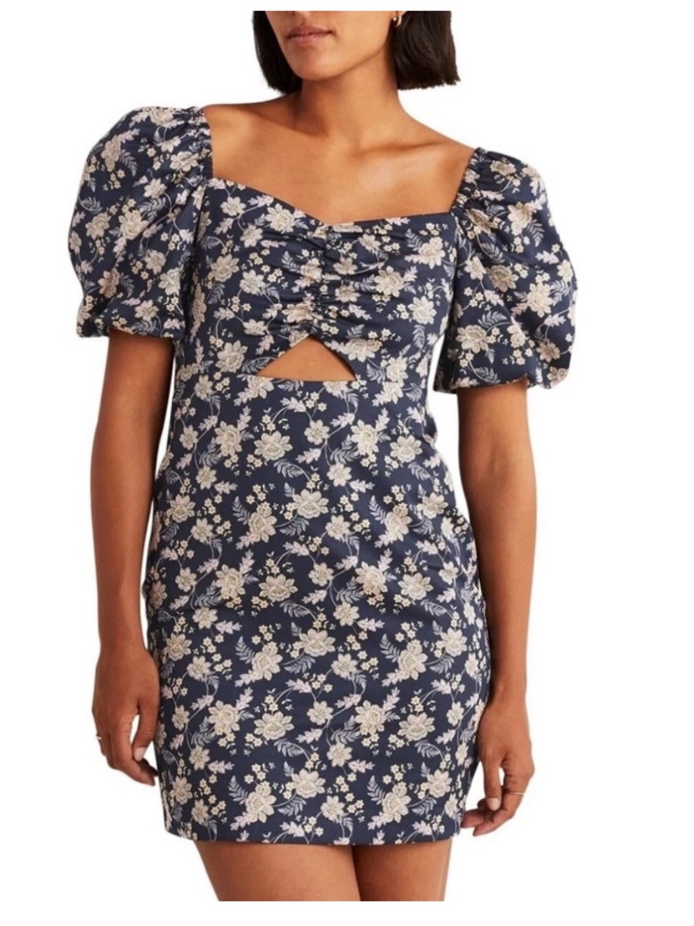Boden Navy Floral Puff-Sleeve Mini Dress with Front Cutout NWT